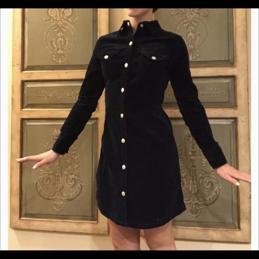 Alexa Chung for AG Womens Small Corduroy Shirt Dress Button Front Navy Blue